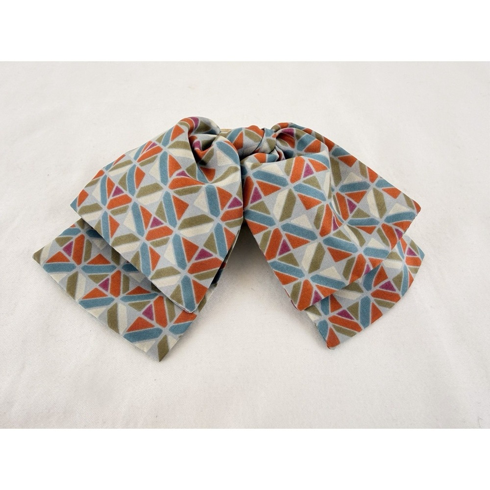 Vintage Handmade Silk Like Fabric Bow  Pin Retro Geometric Statement Bow 6"
